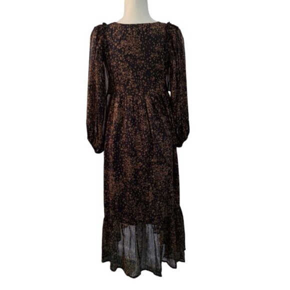 Mittoshop Dark Floral Midi Tiered Dress Balloon Sleeves Shimmer Gold Dark Small - Picture 4 of 9